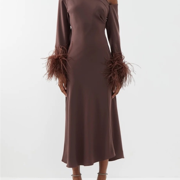16Arlington Adelaide asymmetric feather-trim crepe midi dress - Picture 3 of 4